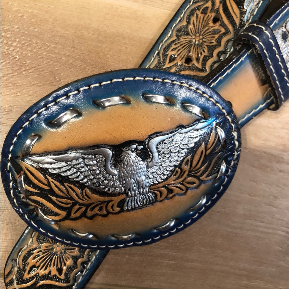 Handcrafted Blue Tan Western Leather Belt with Eagle Buckle